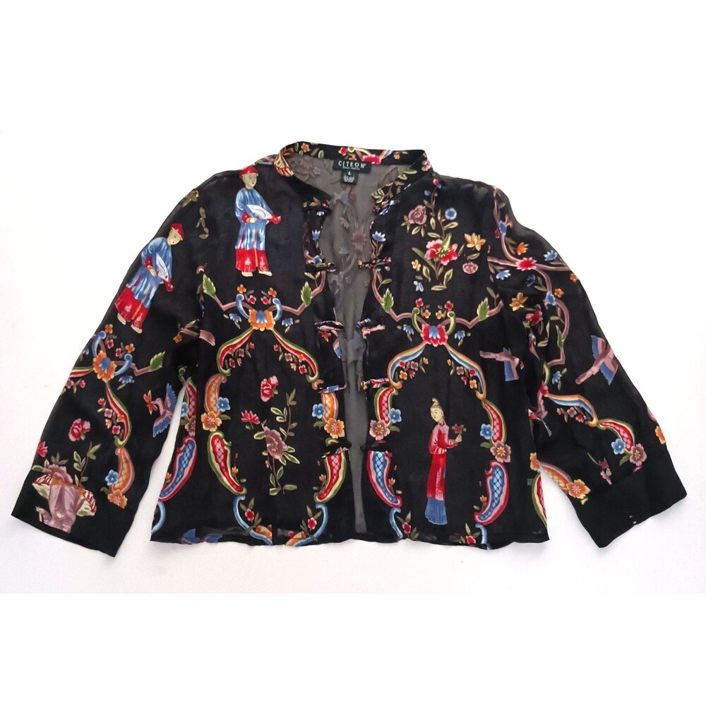 Citron Santa Monica Blk Silk Asian Print Top Frog Closures Shirt Jacket Sz L